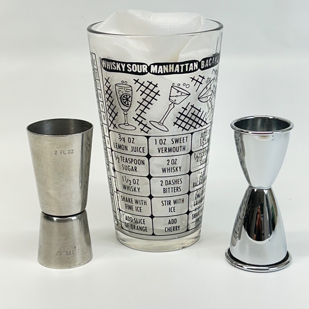 Vintage Style Cocktail Recipe Glass Shaker and Stainless Steel Jigger Set 3pc